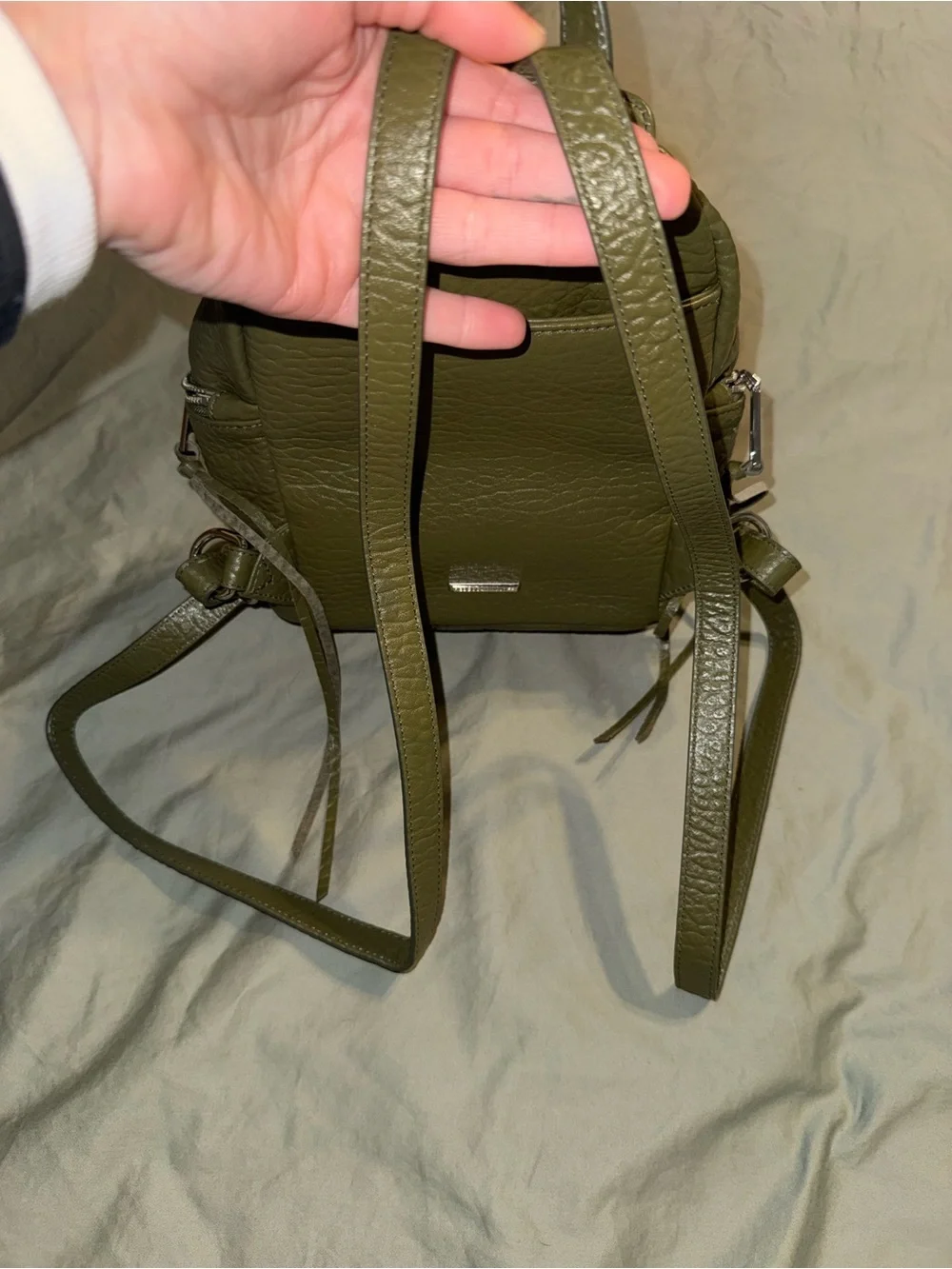 rebecca minkoff mini olive green julian pebbled leather backpack